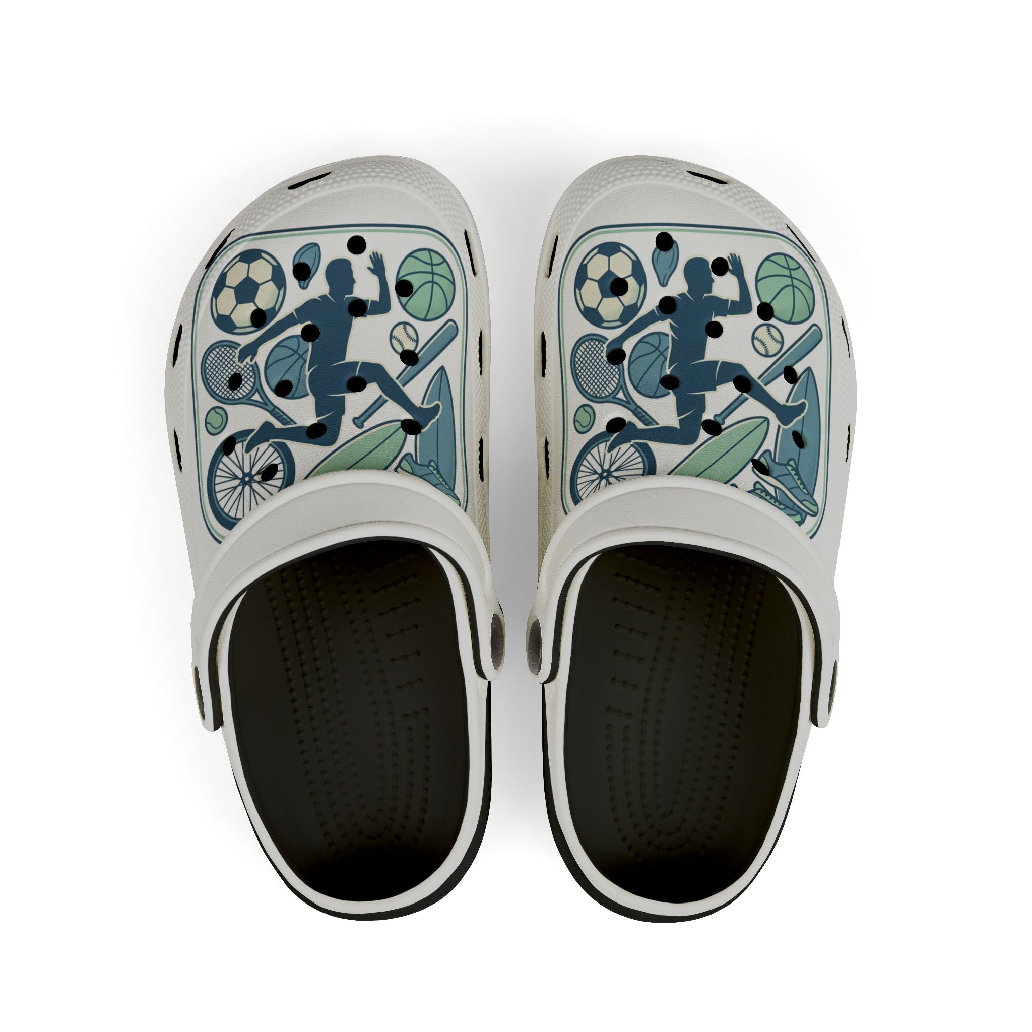 Kids Sports Pattern Foam Clogs — Athletic Soccer, Basketball & Bike Design